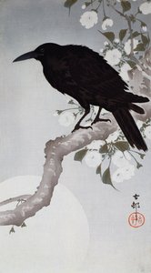 Um pássaro preto em um galho ao luar, (impressão de woodblock de cor)